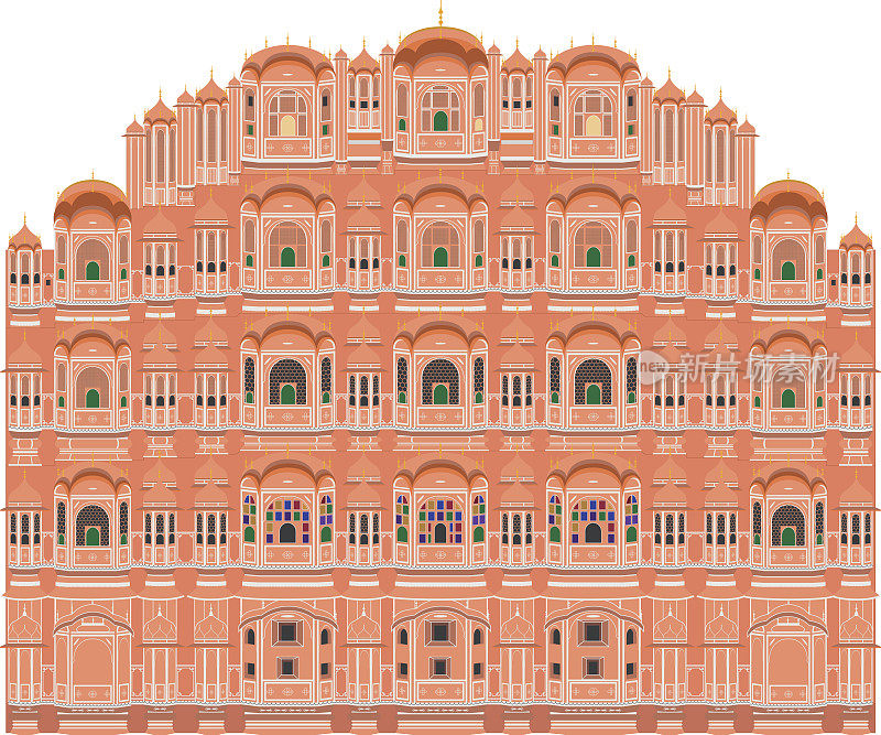 印度斋浦尔Hawa Mahal。孤立在白色背景矢量插图。